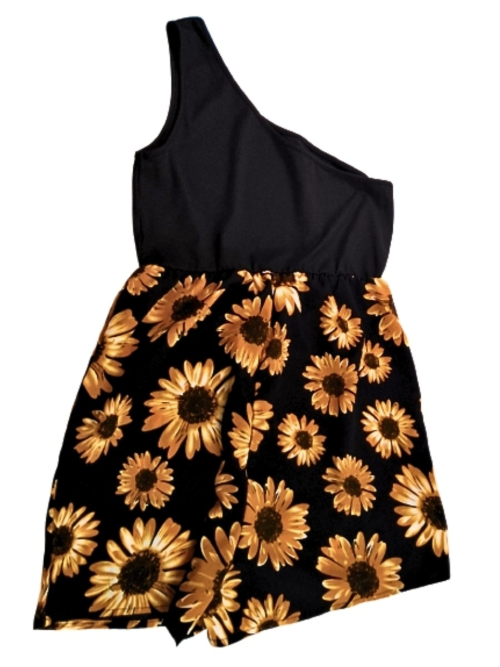 Girls One-Shoulder Black ROMPER with Sunflower Print